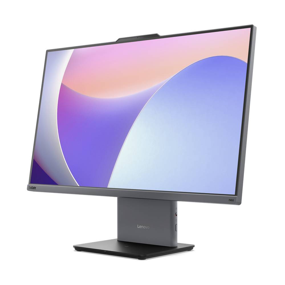 Un moniteur d'ordinateur moderne avec un cadre fin, posé sur un socle stable, affiche une image abstraite aux couleurs vives.
