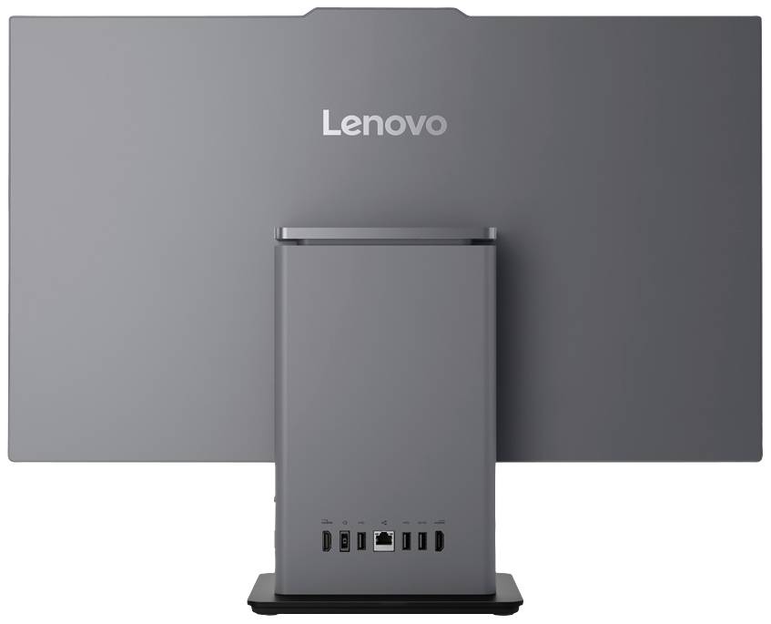 Le dos d'un ordinateur Lenovo tout-en-un gris, avec des ports situés dans la partie inférieure du boîtier.