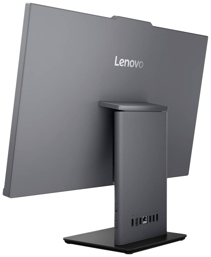 Un moniteur de bureau Lenovo moderne vu de dos, montrant son socle stable et ses différentes connexions à l'arrière en bas.