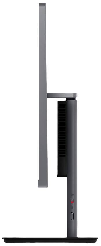Vue latérale d'un moniteur moderne au profil élancé et au cadre fin, monté sur un support stable.