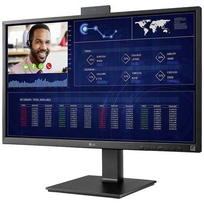 Un écran d'ordinateur affiche une visioconférence avec un homme souriant et un tableau de bord présentant des données financières mondiales et des graphiques.