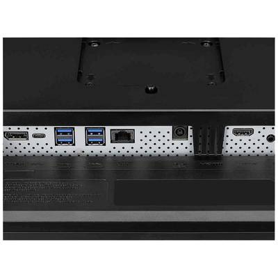 Dos d'un moniteur avec plusieurs ports : HDMI, USB-C, deux ports USB 3.0, Ethernet et prise d'alimentation.