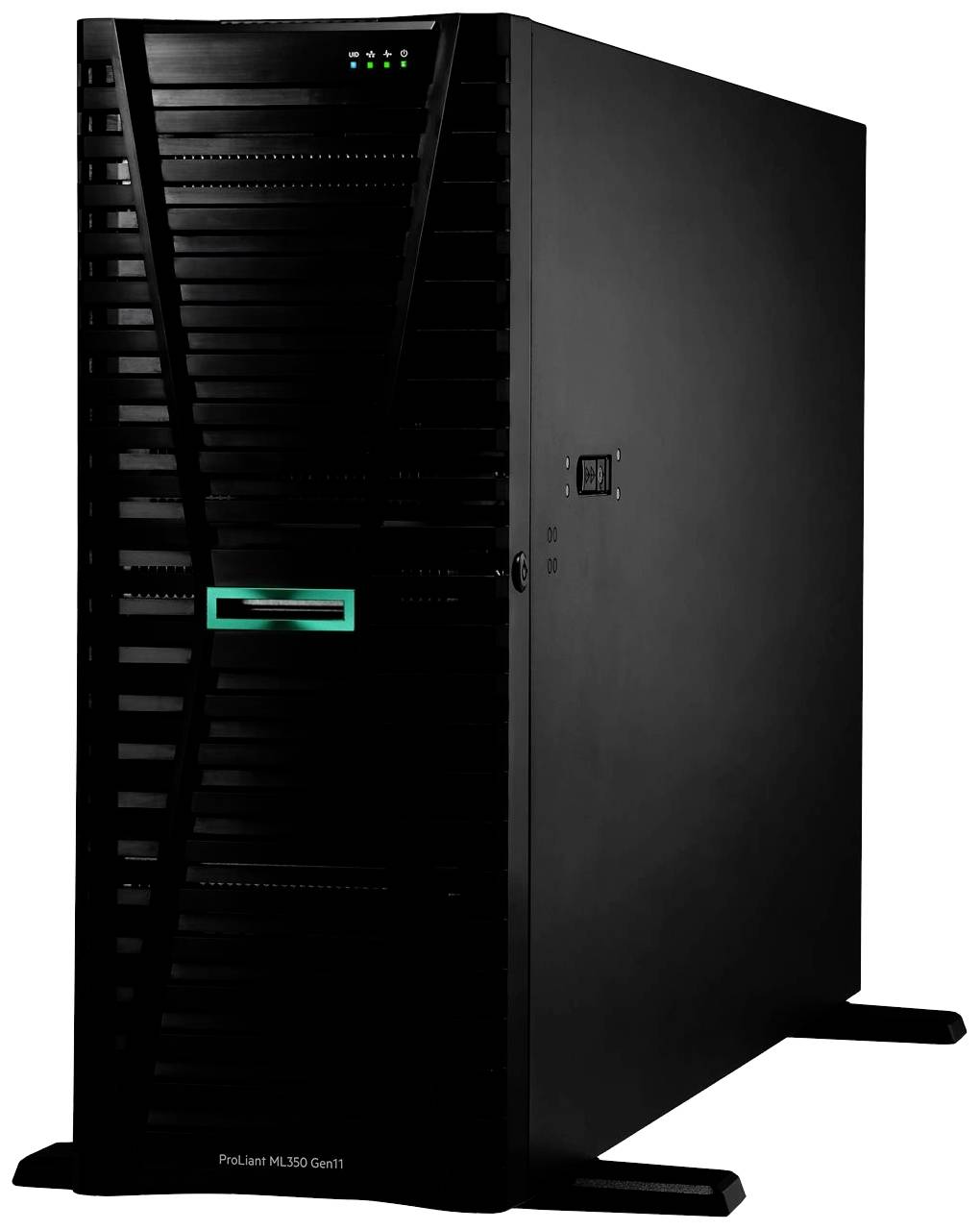 Un grand serveur tour noir avec des voyants LED lumineux sur le dessus et un marquage turquoise sur la façade avant.