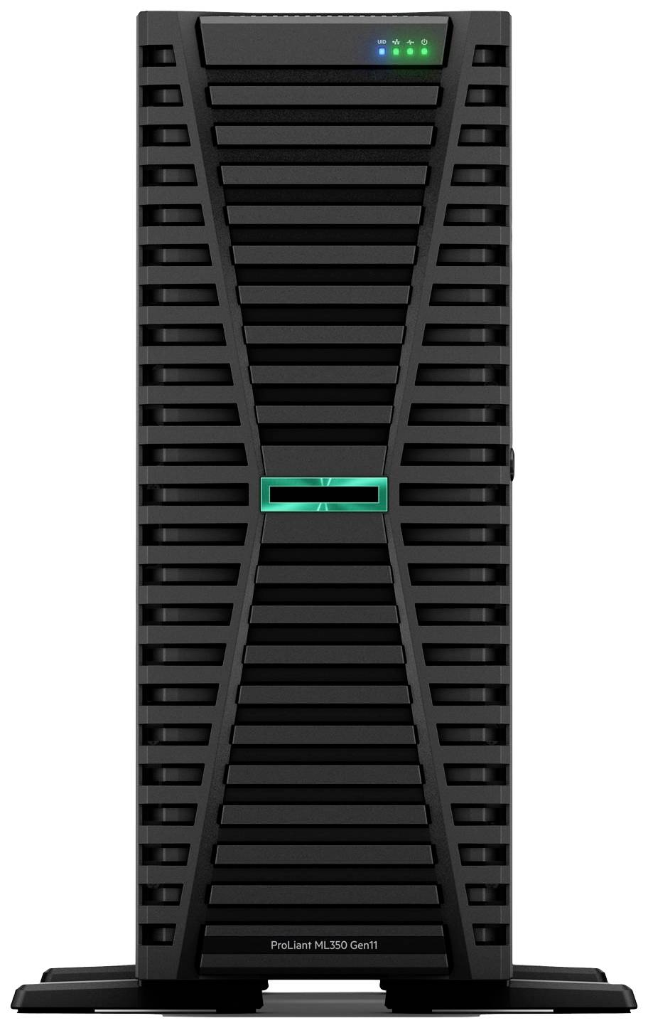 Un serveur tower noir avec des fentes de ventilation horizontales et un indicateur lumineux vert en haut, portant l'inscription « ProLiant ML350 Gen11 ».