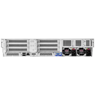 Vue arrière d'un serveur avec plusieurs emplacements, ventilateurs et ports. Des ports USB et réseau sont visibles sur la gauche.
