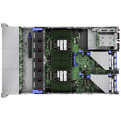 Vue intérieure d'un serveur avec plusieurs modules de mémoire et deux ventilateurs. La carte mère montre les circuits et les connexions. Configuration visible.