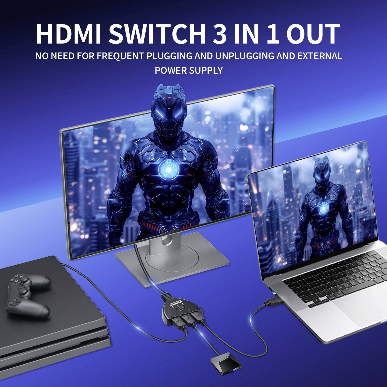 Commutateur HDMI 3 entrées 1 sortie relie un ordinateur portable et un moniteur, affichant un héros cyborg sur les écrans. Une manette de jeu est posée à côté.