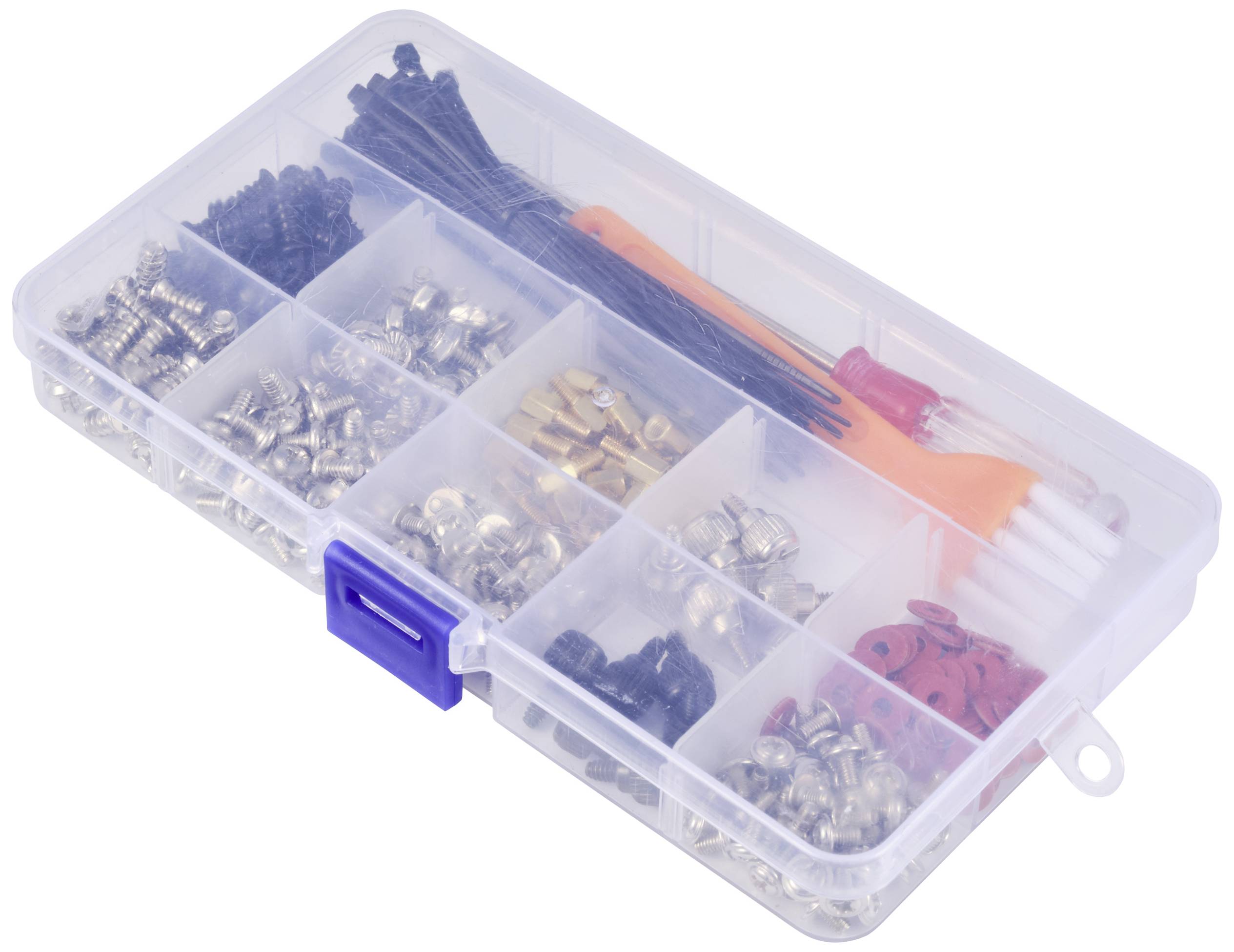 Une boîte transparente compartimentée contenant différentes vis, écrous, colliers de serrage et quelques petits outils.
