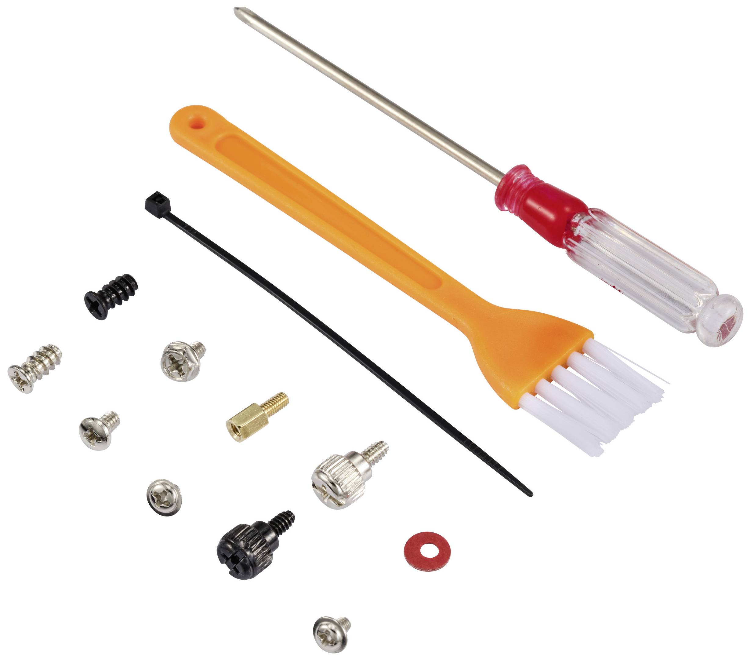 'Un kit de nettoyage pour machines à café automatiques comprenant une brosse, un tournevis, des attaches de câble et différentes vis et buses.'