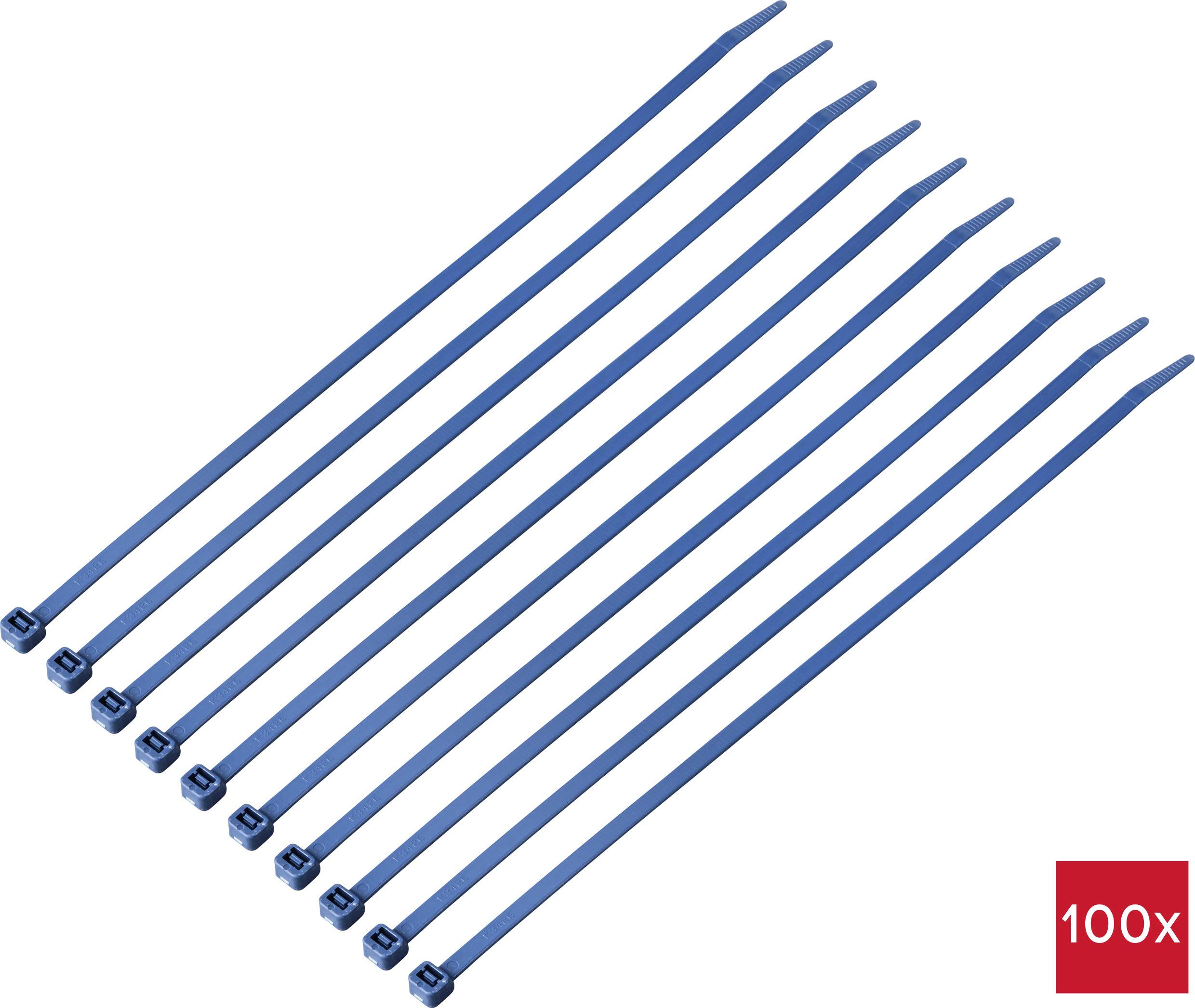 Dix attaches-câbles bleues alignées, à côté d'un carré rouge portant l'inscription « 100x », indiquant le conditionnement.