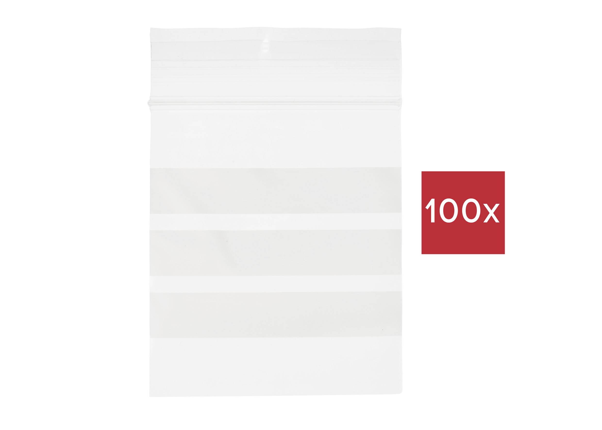 Pochette transparente à fermeture zip avec un carré rouge à côté, portant l'inscription '100x'. Idéale pour le rangement de petits objets ou de denrées alimentaires.