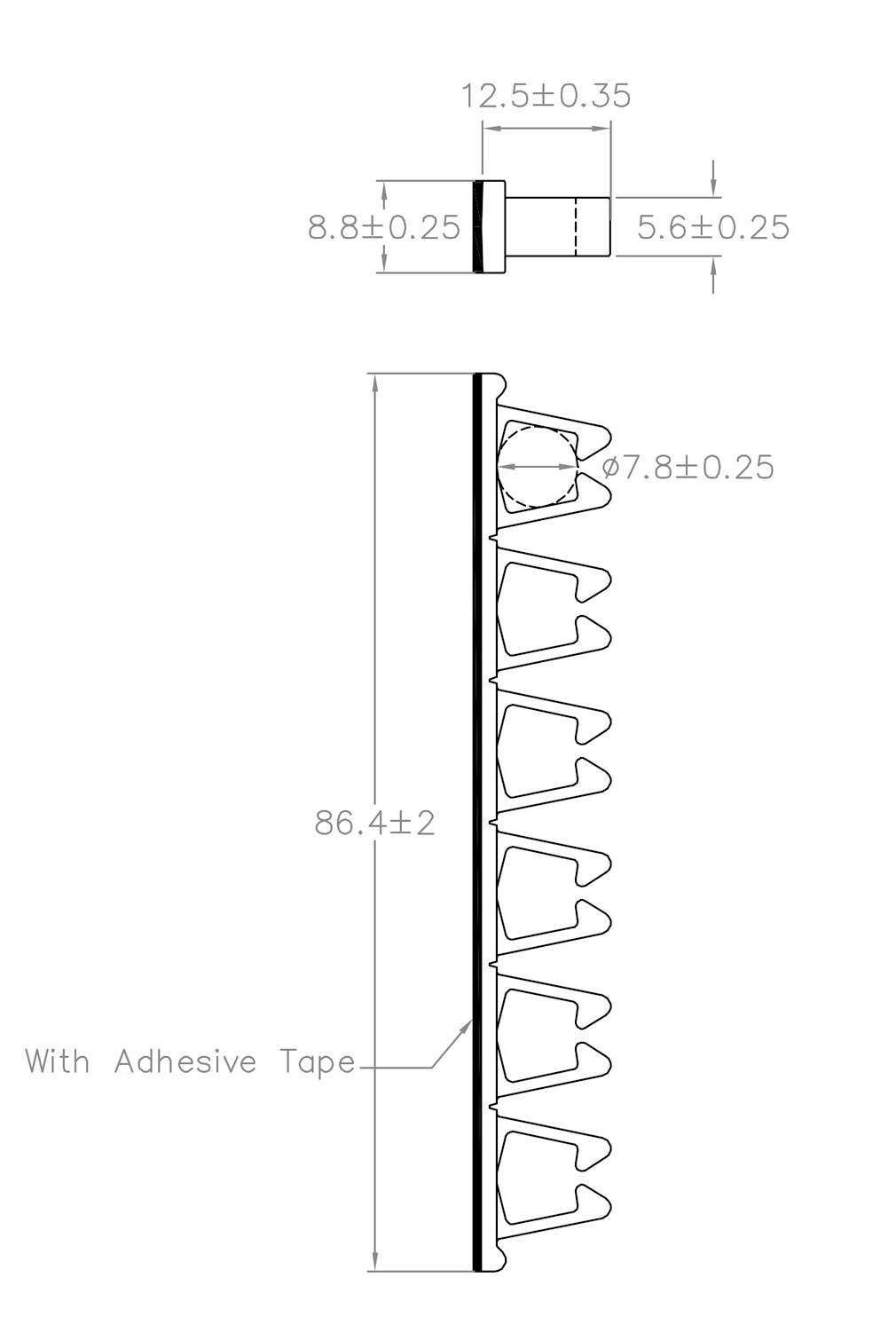 Dessin technique d'un segment avec dimensions : hauteur totale 86,4 mm, la pièce devrait être fixée avec du ruban adhésif.