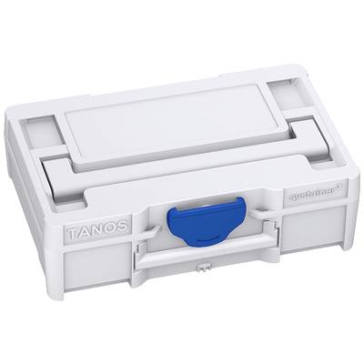Coffret à outils blanc avec poignée bleue, marqué "TANOS". Convient à l'organisation et au rangement des outils.