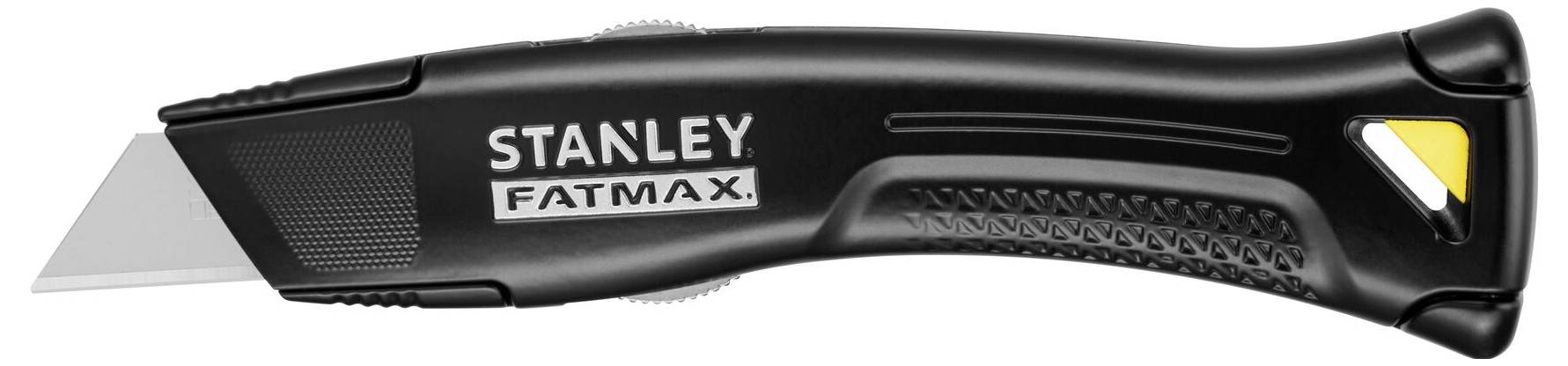 Un couteau utilitaire Stanley Fatmax noir avec une poignée ergonomique et une lame déployée.