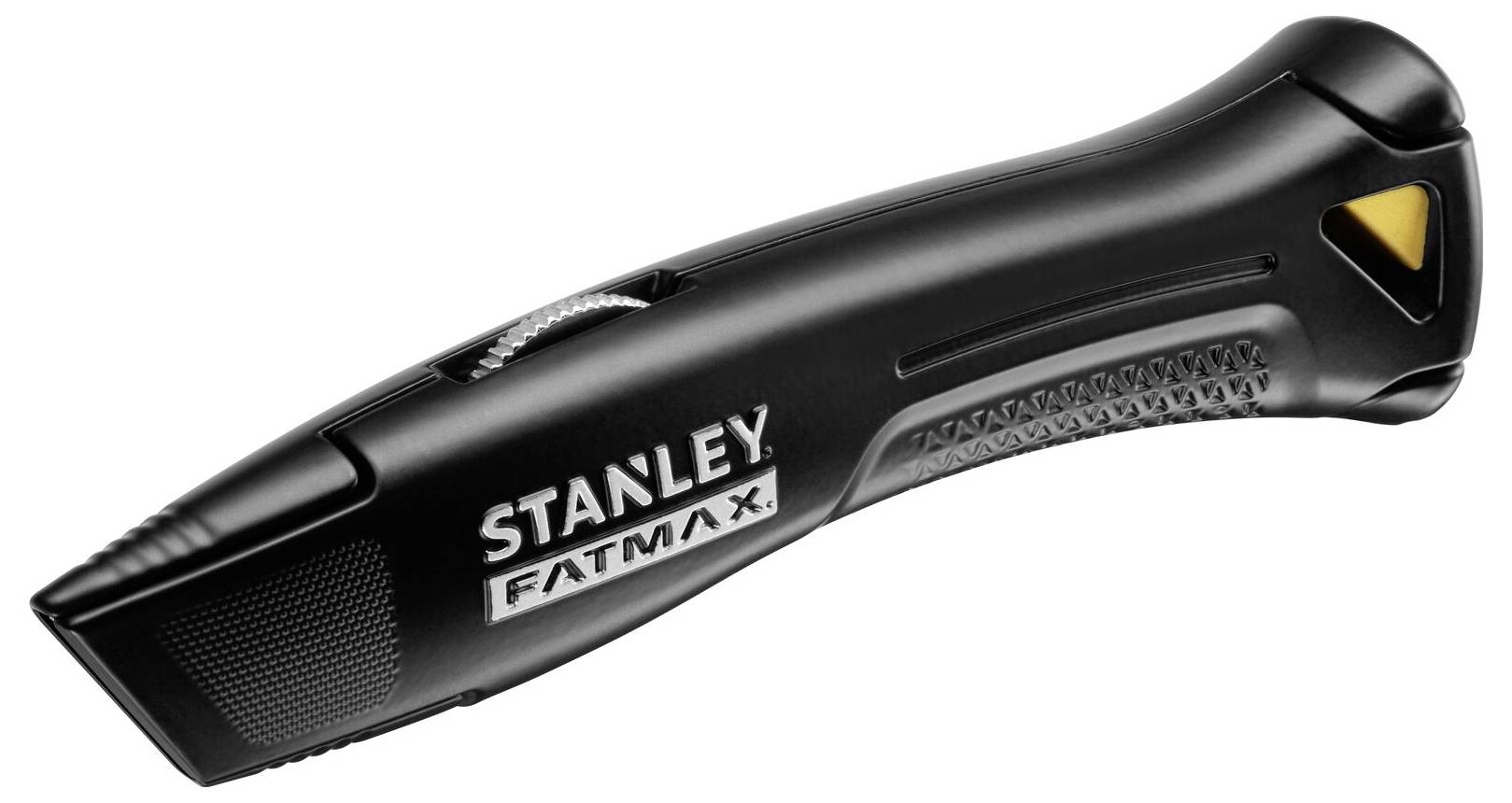 Couteau utilitaire noir avec inscription 'Stanley FatMax', poignée ergonomique, fonction de sécurité jaune, adapté pour une coupe précise.
