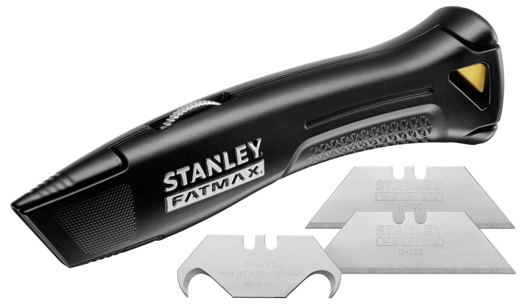 'Couteau de sécurité Stanley Fatmax noir avec trois lames de rechange, adapté pour des coupes précises dans les applications artisanales et de construction.'