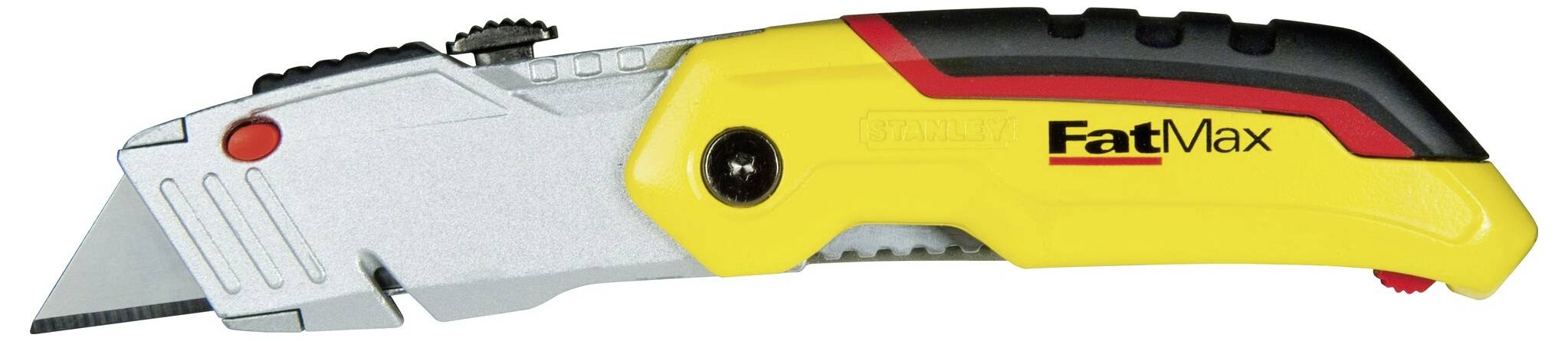 Couteau universel 'Stanley FatMax' avec une poignée jaune et noire. Le couteau est à moitié ouvert, montrant le métal et la lame.