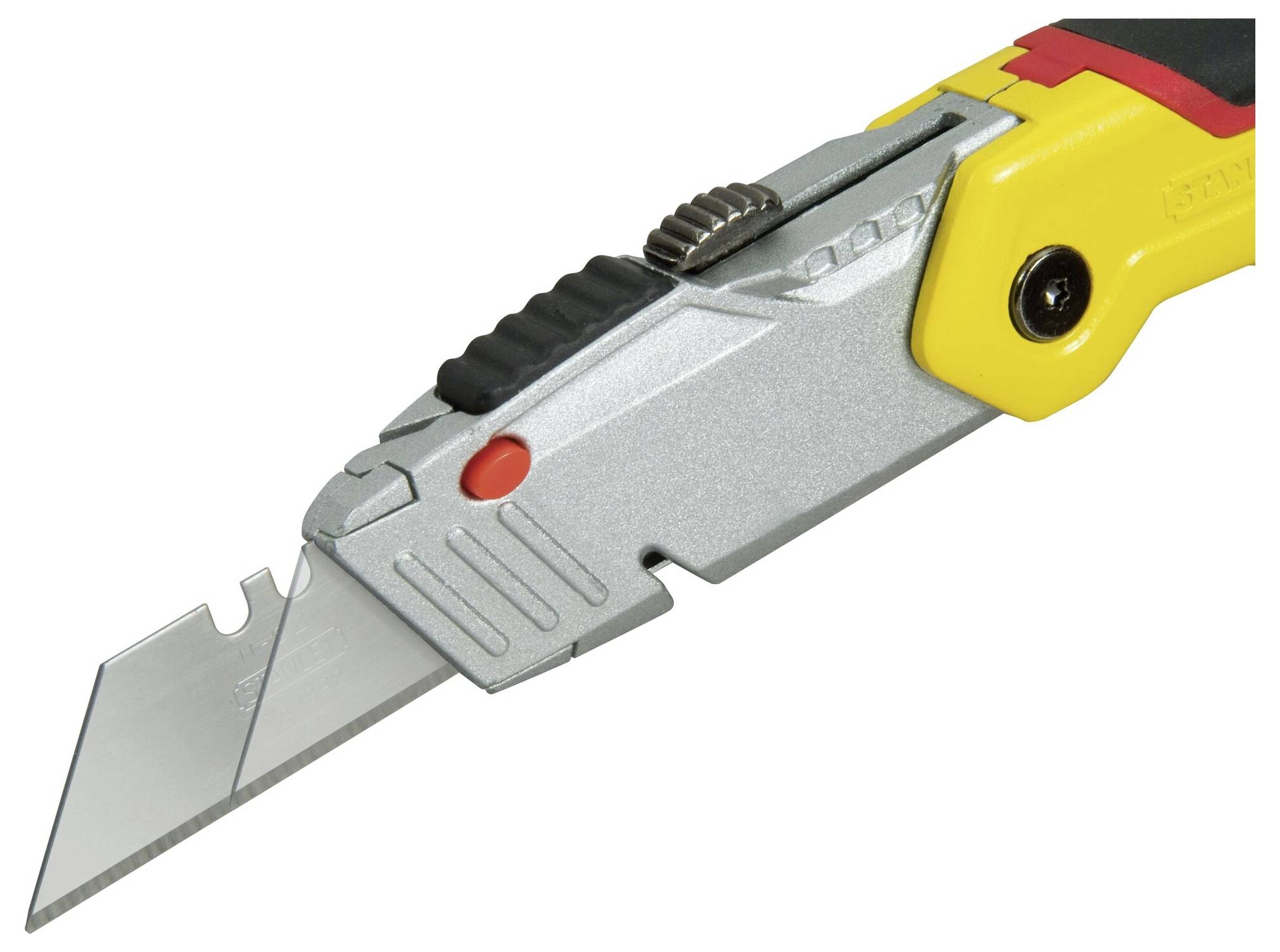 Un couteau universel jaune et rouge avec une lame rétractable.