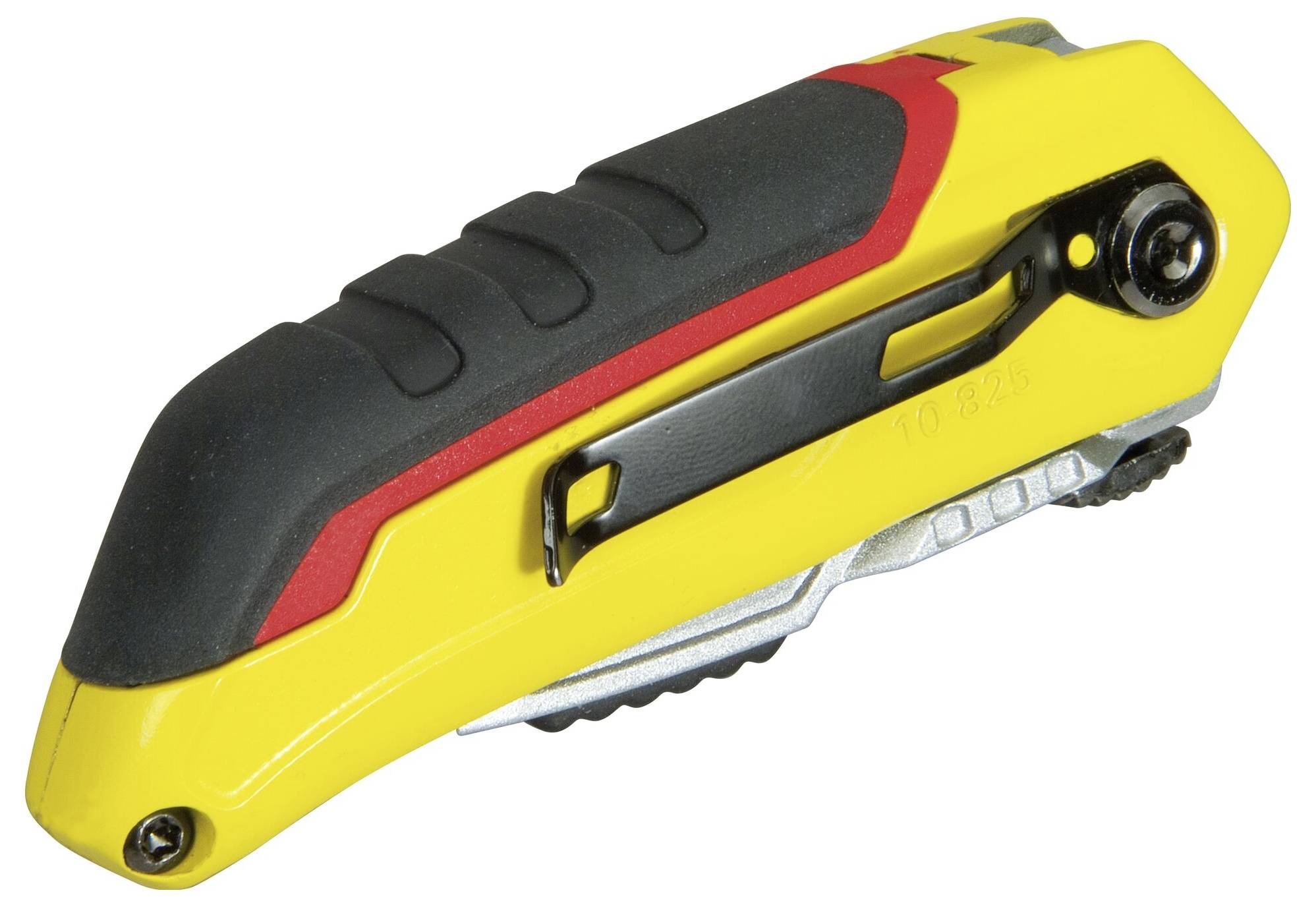 Couteau de sécurité jaune à manche noir, avec un accent rouge et un clip de poche, adapté pour la coupe industrielle et les applications de sécurité.