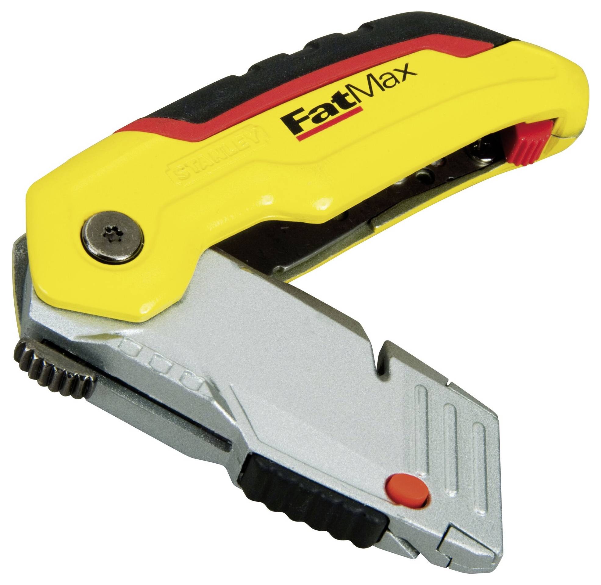 Un couteau pliant Stanley FatMax jaune avec une lame repliée et une poignée ergonomique.