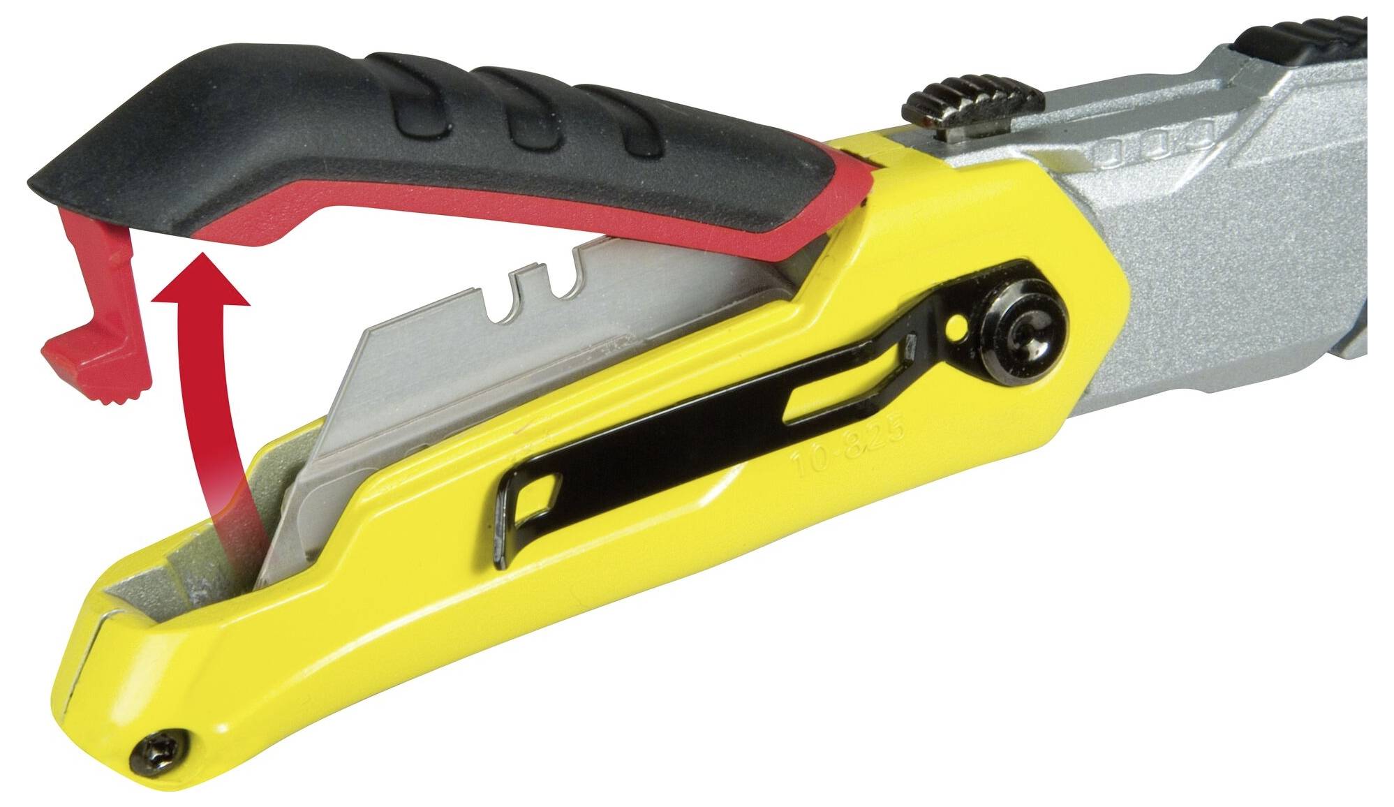 Un outil multifonction jaune avec une poignée noire montre un mouvement de flèche rouge pour l'ajustement de la lame.