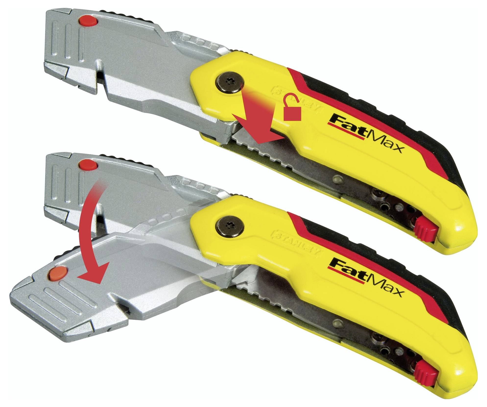 Couteau de poche 'FatMax' avec poignée jaune, montrant le mécanisme de pliage pendant l'utilisation. Vues supérieure et inférieure avec des flèches.