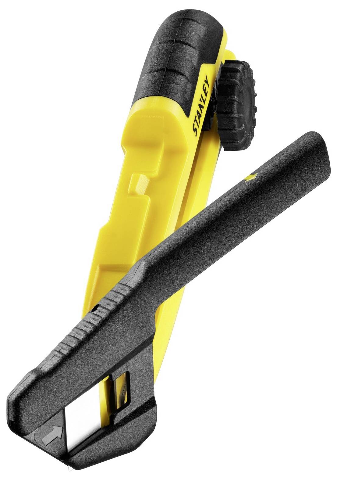 Cutter jaune et noir avec lame rétractable et poignée ergonomique, adapté pour couper précisément différents matériaux.