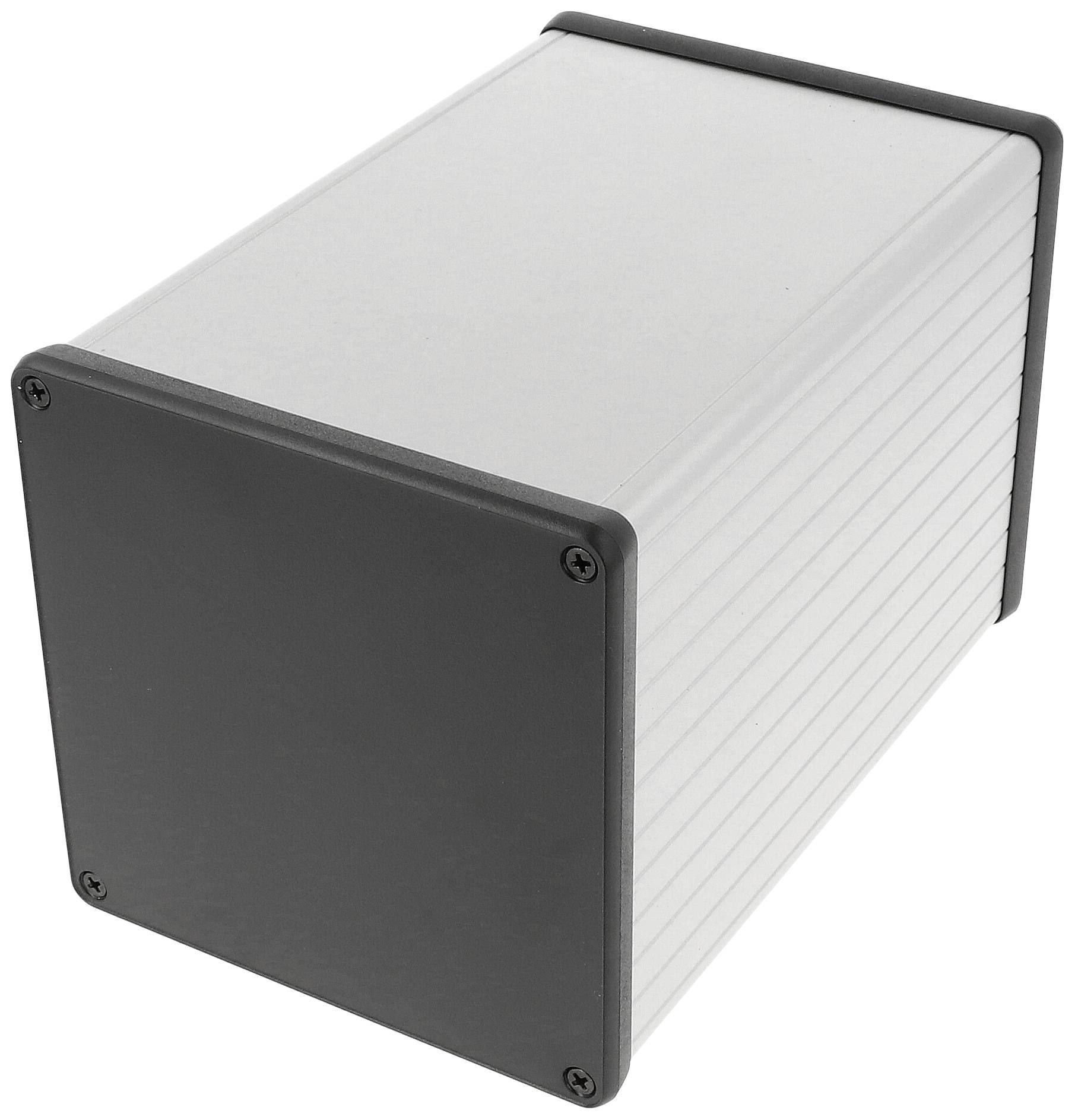 Boîtier rectangulaire en métal avec des plaques amovibles en plastique. Fréquemment utilisé pour les appareils électroniques ou les projets de bricolage.