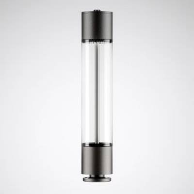 Un haut-parleur élancé, cylindrique, avec un boîtier transparent et un socle noir ; un design moderne pour un son à 360 degrés.