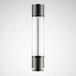 Un objet cylindrique en verre transparent avec une partie supérieure et inférieure en métal, probablement un haut-parleur ou un éclairage LED.