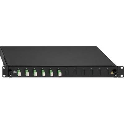 Un boîtier de rack réseau noir avec plusieurs connexions vertes et quelques emplacements vides. Idéal pour le câblage de serveurs.
