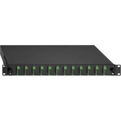 Répartiteur optique dans un boîtier noir avec douze connexions vertes alignées. Adapté pour les connexions à fibre optique dans les réseaux.