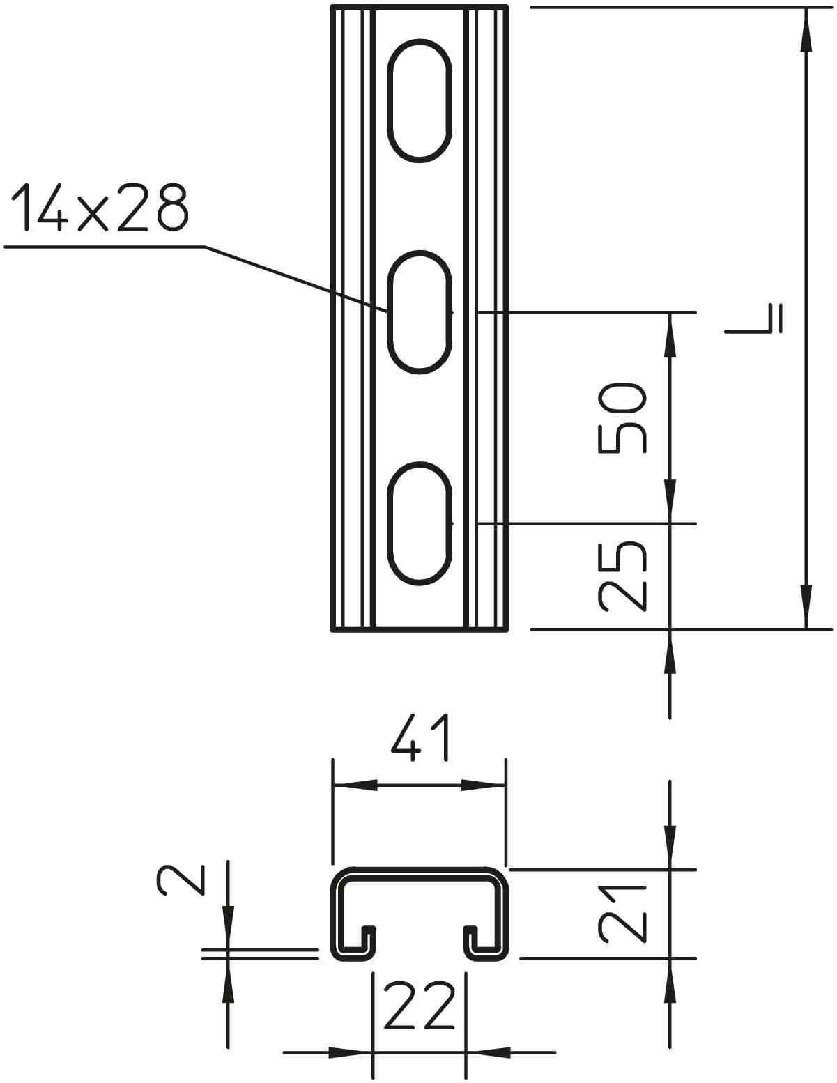 Dessin technique d'un profilé métallique avec dimensions : Longueur 'L', Largeur 41 mm, Hauteur 21 mm, Taille du trou 14x28 mm.