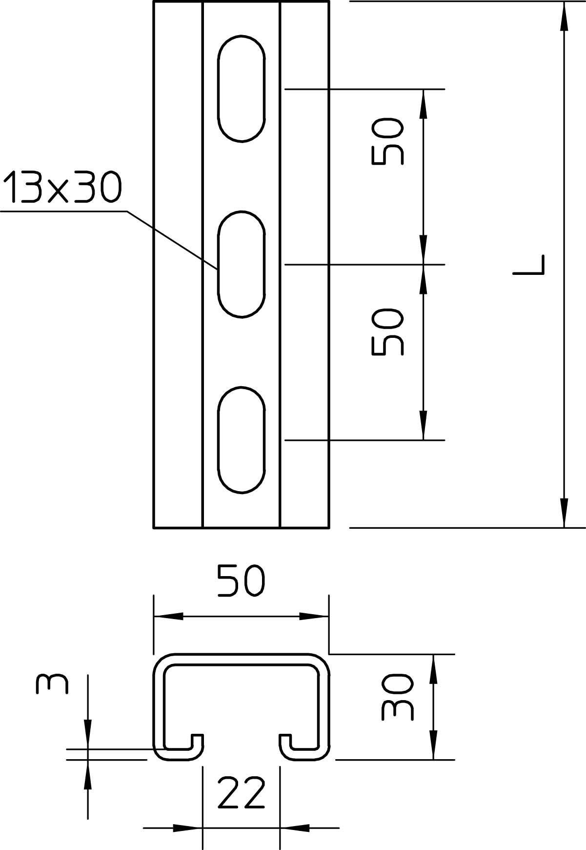 Dessin technique d'un profilé métallique en U. Dimensions : Longueur L, largeur 50 mm, hauteur 30 mm, taille des trous 13x30 mm, distance entre les trous 50 mm, épaisseur de paroi 3 mm.