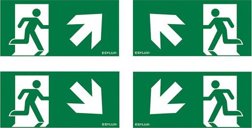 Panneau de sortie de secours vert avec une silhouette en mouvement et une flèche indiquant la direction d'évacuation.