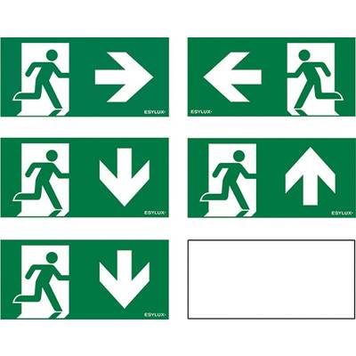Cinq panneaux de sortie de secours verts montrent une personne en train de courir avec des flèches pointant vers la droite, la gauche, le haut et le bas, indiquant le chemin d'évacuation.