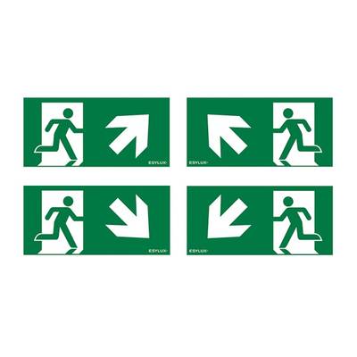 'Les panneaux de sortie de secours montrent des personnages en train de courir avec des flèches dans différentes directions.'