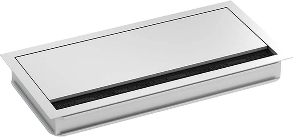 Porte-objet rectangulaire en métal argenté avec une surface lisse et un bord large.
