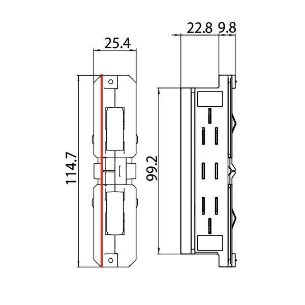 Dessin technique d'un adaptateur électrique avec dimensions : hauteur 114,7 mm, largeur 25,4 mm, profondeur 22,8 mm, avec emplacements de connexion.