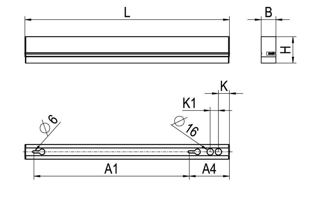 Dessin technique d'un profilé métallique rectangulaire avec dimensions L, B, H. Les vues latérale et supérieure montrent les trous de fixation et les espacements K1, K.