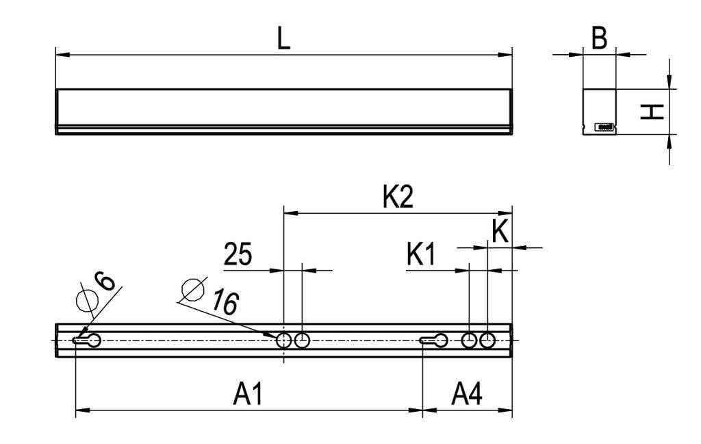 Dessin technique d'un profilé métallique avec lignes, dimensions et annotations. Présente une vue de face et une vue latérale avec des indications dimensionnelles telles que K1, K2, A1, A4.