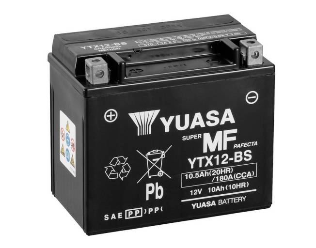 Batterie de moto noire de la marque 'YUASA', modèle 'YTX12-BS', capacité de 10,5 Ah et tension de 12V.