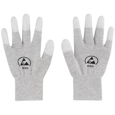 Deux gants ESD gris avec logo et inscription 'ESD'. Ils sont conçus pour protéger contre les décharges électrostatiques.