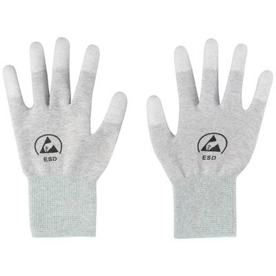 Deux gants ESD antistatiques gris avec un logo noir, montrant les paumes vers le haut.