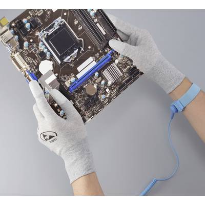 Deux mains gantées de gris tiennent une carte mère d'ordinateur au-dessus d'une surface grise.