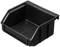 Boîte de rangement en plastique noir avec façade biseautée, adaptée au stockage de petits objets tels que des vis ou des écrous.