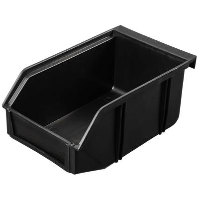 Boîte de rangement en plastique noir avec côtés ouverts pour un accès facile, idéale pour les étagères d'atelier ou d'entrepôt.