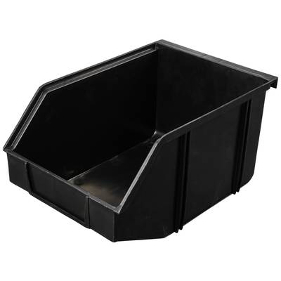 Conteneur noir en plastique avec partie avant biseautée et poignée, adapté au stockage de petits objets ou de matériaux.