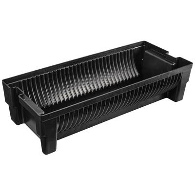 Boîte en plastique noir rectangulaire avec un intérieur rainuré, adaptée au stockage ou au transport d'objets.