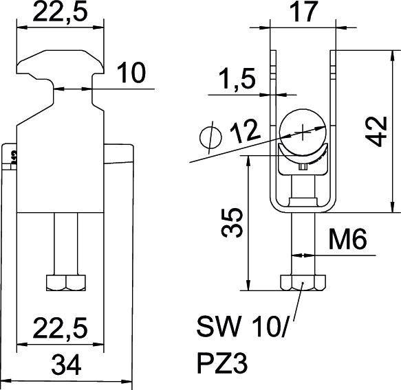 Dessin technique d'un support avec dimensions en millimètres, incluant une vue latérale et une vue de dessus. Caractéristiques principales : vis (M6), largeur 22,5 mm.